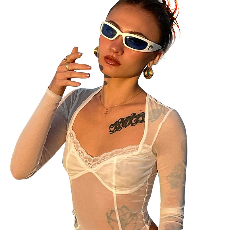 

Fashion Womens T-Shirt Summer Lace Trim Mesh Crop Tops Patchwork Square Neck Long Sleeve White Sexy Tees