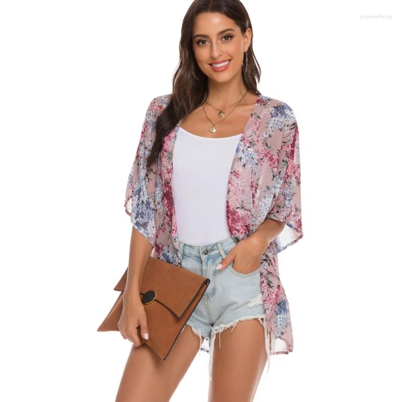 

Women' T Shirts Front Floral-Print Beach Coverup Loose-Blouse Top Lightweight Swimsuit Cardigan, Black flowers
