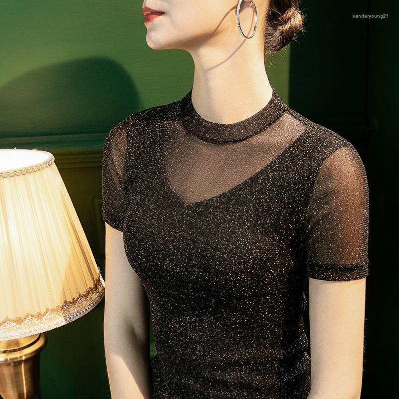 

Women' Blouses Stretch Mesh Black Sexy Glitter Chiffon Shirt 2023 Summer Bright Silk T-shirt Women' Hollow Dance Bottoming Top