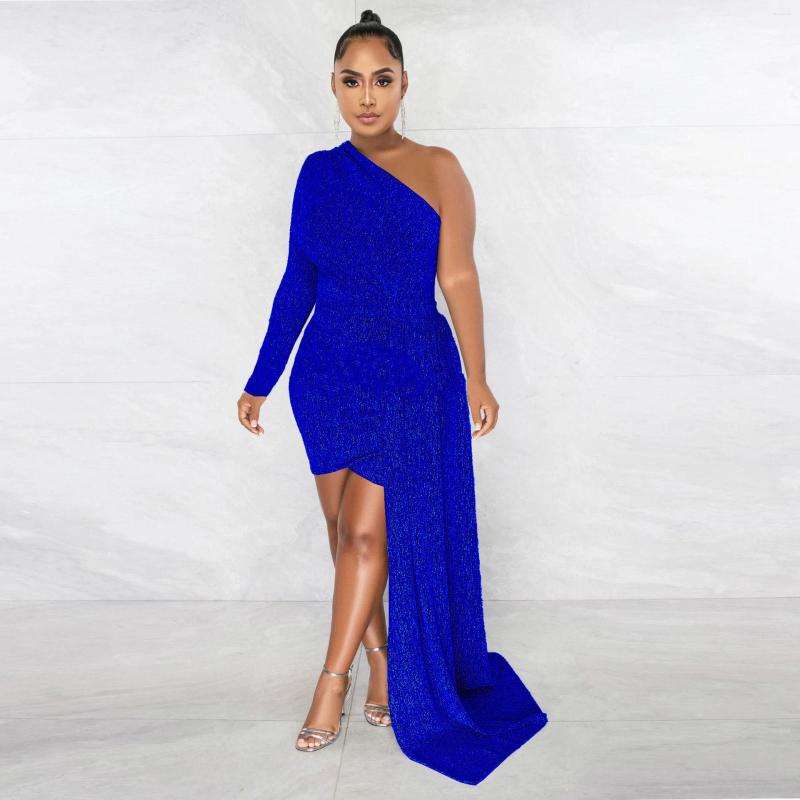 

Casual Dresses 2023 Fashin Long Sleeve One Shoulder Dress Pure Color Asymmetric Floor Length High Street Style Women, Blue