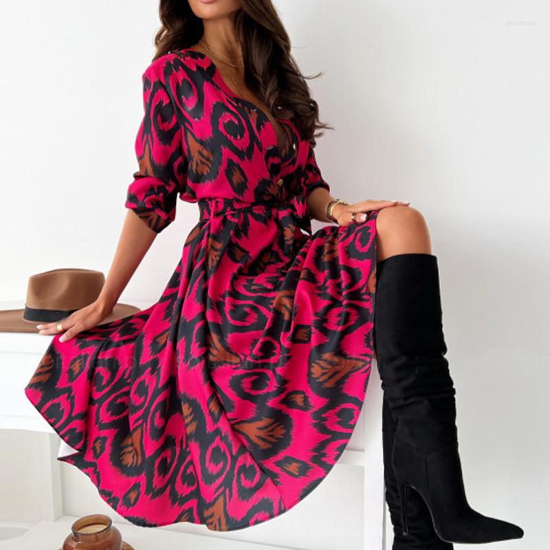 

Casual Dresses Retro Long Sleeve V Neck Dress Women Autumn Button Lace Up Ladies Fashion Temperament Slim Fit Big Hem, 07 black white