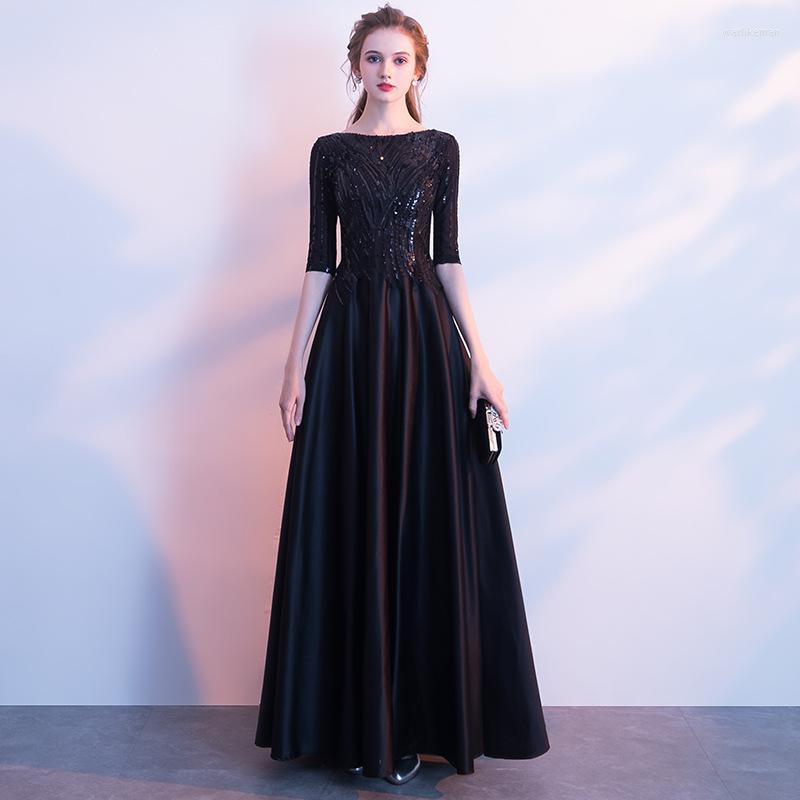

Party Dresses Popodion Black Evening Dress Women Long Satin Sequins Women's Elegant For WED90628