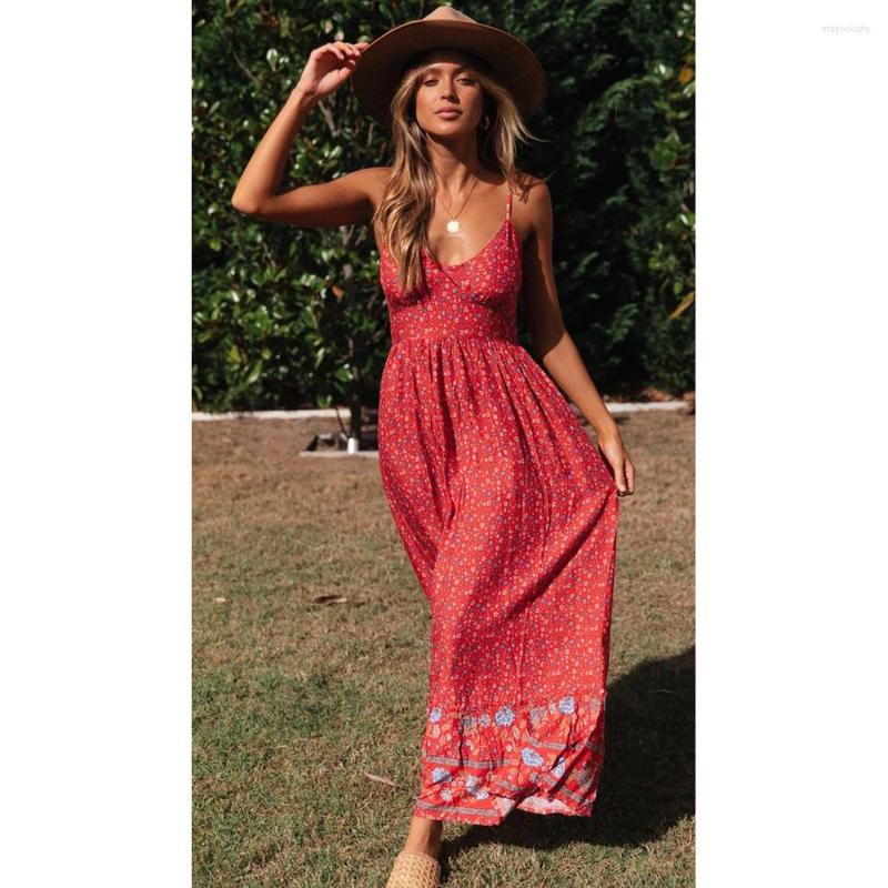 

Casual Dresses 2023 Summer Maxi For Women Bohemian V-neck Camisole Floral Pattern Prairie Chic Cute Black White Red Long Dress Girls, Yellow