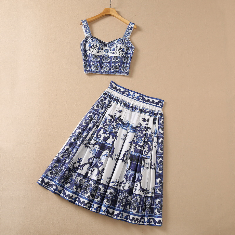 

Summer Spaghetti Strap Two Piece Skirt Sweetheart Neck Blue Paisley Print Cotton Camisole Top & High Waist Peplum Mid-Calf Suits 2 Pieces Set 22Q15Set