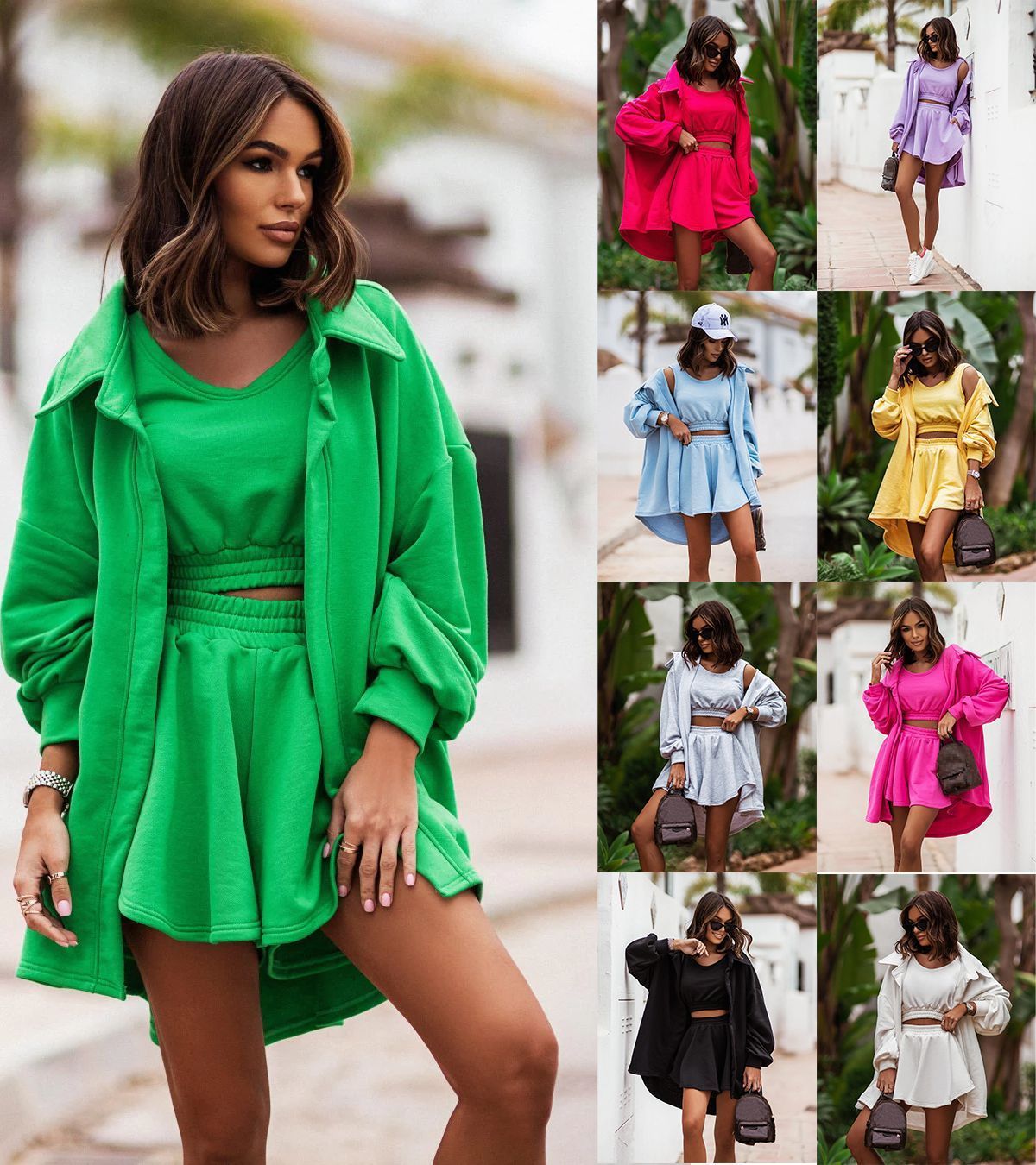 

Womens Two Piece Pants Fashion Three Pieces Set Women Casual Outfit Summer Solid Suit Sexy Crew Neck Vest Shorts Cardigan Coat 3 Piece Sets Roupas 230316, Purple