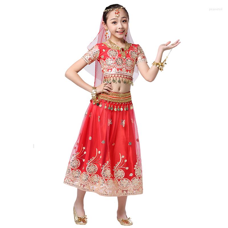 

Stage Wear Children Belly Dance Clothes Sari Outfits Hand-embroidered Bollywood Costume 5pcs Set (Top Belt Skirt Veil Headpiece), Royal blue
