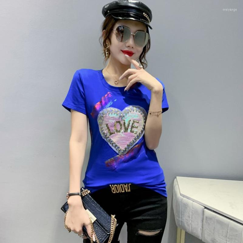 

Women' T Shirts #6729 Blue Pink White Shirt Women With Sequins LOVE Sexy Cotton O-neck Casual Skinny Female Korean Style Summer