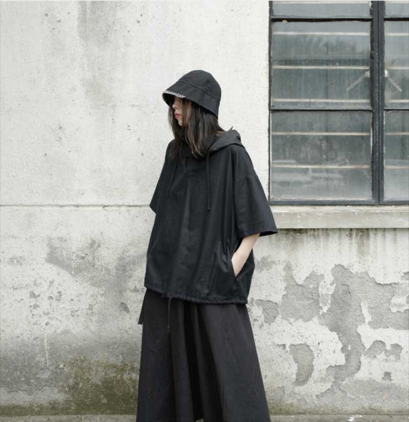 

Women' T Shirts Ladies Summer Black Drawstring Hooded Round Short Sleeve Gothic Mountain Trend