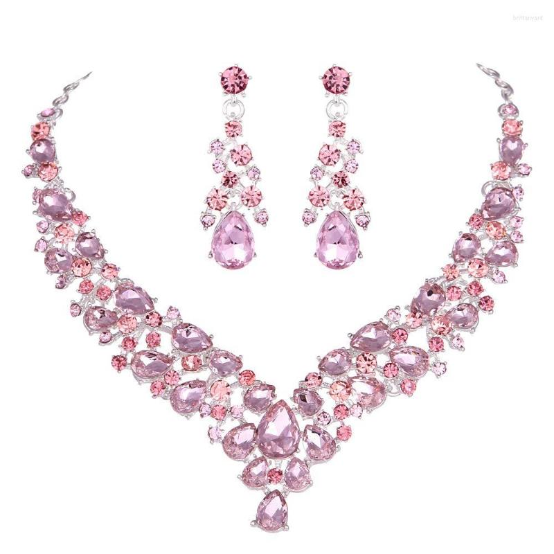 

Necklace Earrings Set Crystal Pink Bridal Teardrop Shape Wedding African Fashion Party Accessories 8 Color, Picture shown