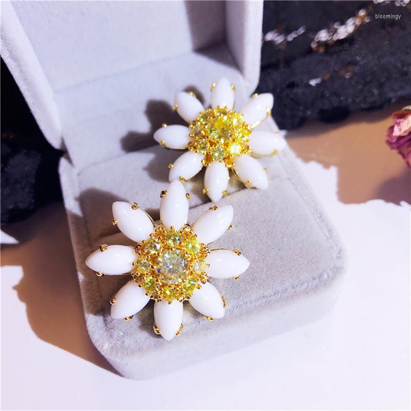 

Stud Earrings For Women Sterling S925 Hyperbole Small Daisy Sun Flower Luxury Yellow Cubic Zirconia Fine Jewelry