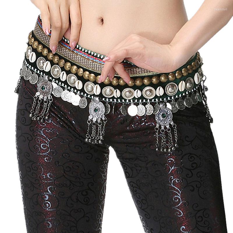 

Stage Wear Tribal Belly Dance Clothes Waist Hip Scarf Adjustable Fit Antique Bronze Beads Metal Coins Magic Sticker Chain Belt, Black base