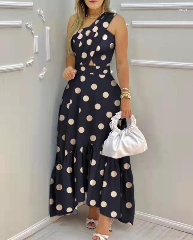 

Skirts Summer One Off Shoulder Sexy Sleeveless Ladies Dress Party Casual Women Dot Printing Pocket Skew Collar Long, Rose red