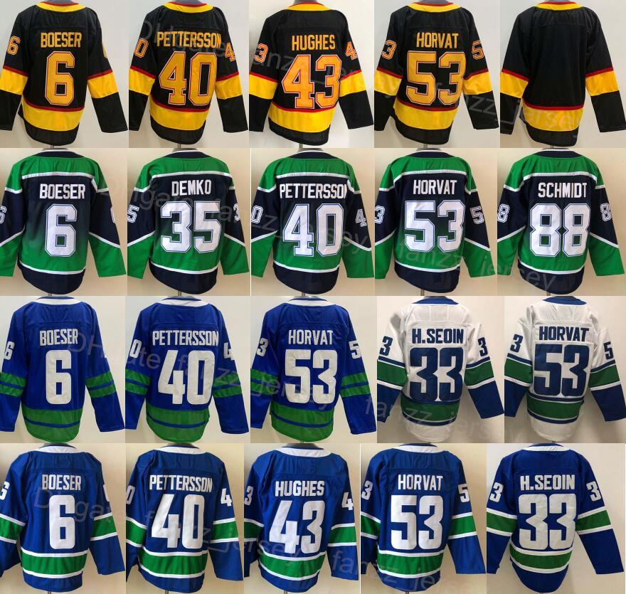 

Men Ice Hockey 43 Quinn Hughes Jerseys 35 Thatcher Demko 33 Henrik Sedin 53 Bo Horvat 6 Brock Boeser 40 Elias Pettersson 22 Sedin 10 Pavel B, Blue