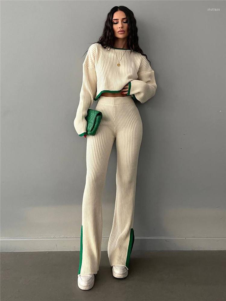 

Women' Two Piece Pants Zabrina Matching Sets Clothes Outfits For Women Casual Tops And Slit Set Solid Fashion Knit Sweaters 2 Elegant, Black