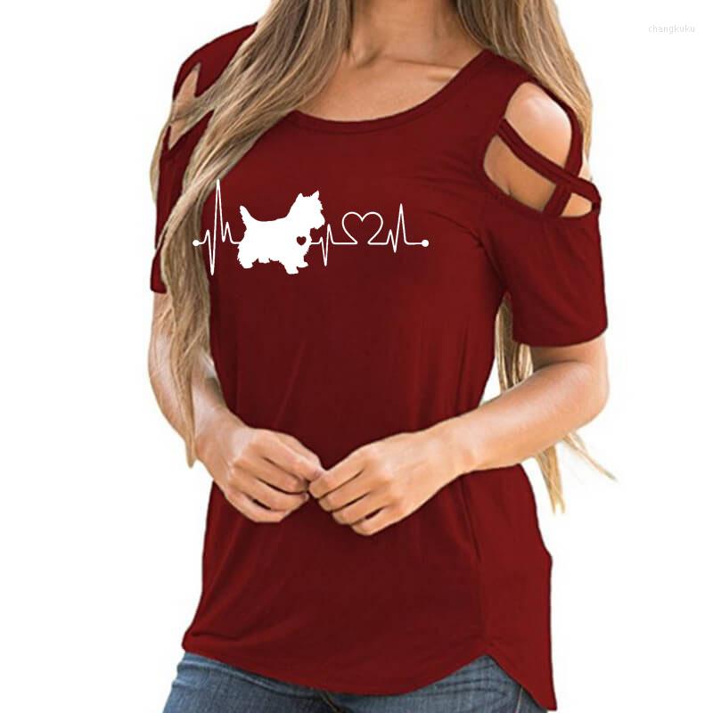 

Women's T Shirts Westie Heartbeat Dog Vintage Women T-Shirt Summer Animal Lover Gift Cross Off Shoulder Casual Tshirt Femme Tops For Female, Blue