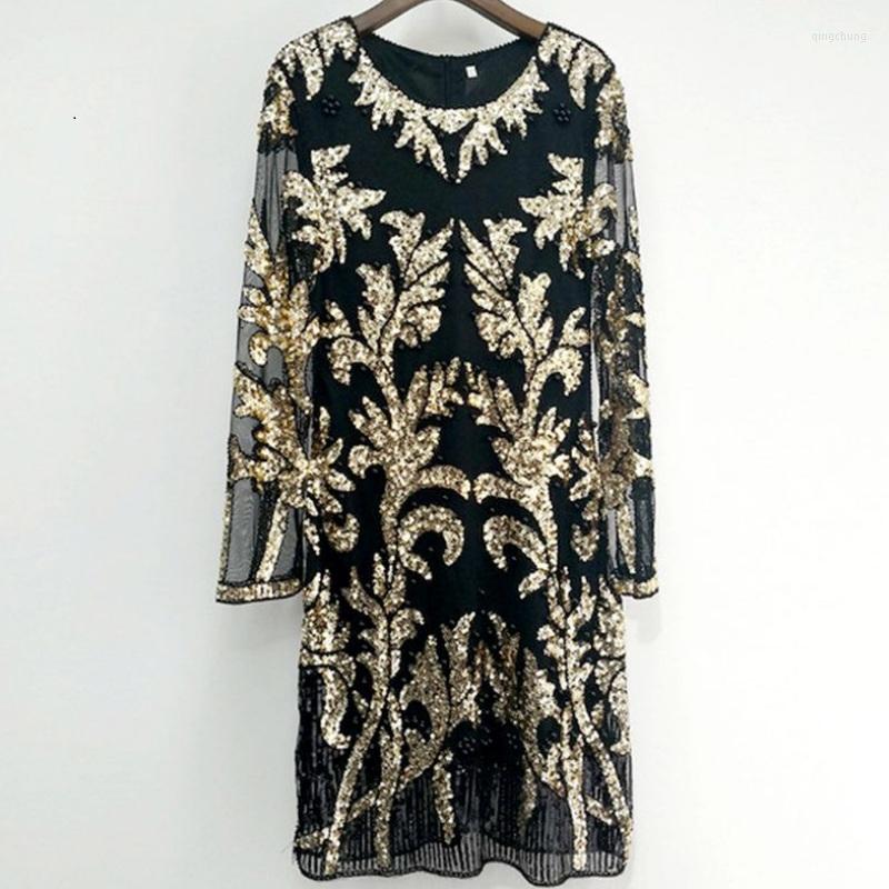 

Casual Dresses Beading Sequined Lace Women Fashion O-Neck Long Sleeve Luxury Knee-length Dress, Black