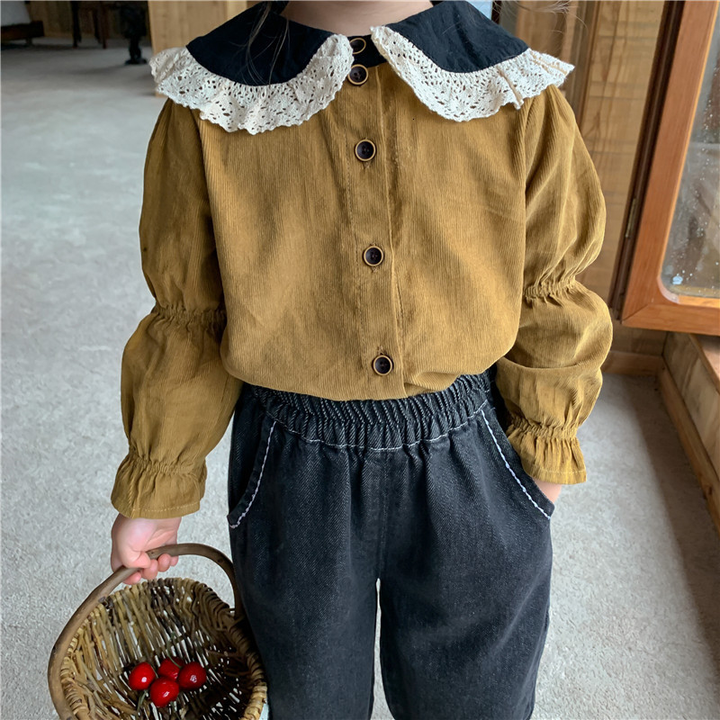 

Kids Shirts Autumn Baby Girls Corduroy Shirts Korean Style Lace Collar Toddlers Children Cute Blouses 230317, Auburn