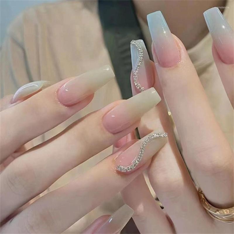 

False Nails 24Pcs Pink And Blue Detachable Long Fake Stick On Press Coffin Cyber Punk Diamonds Cross Nail Tips 2023, Z444