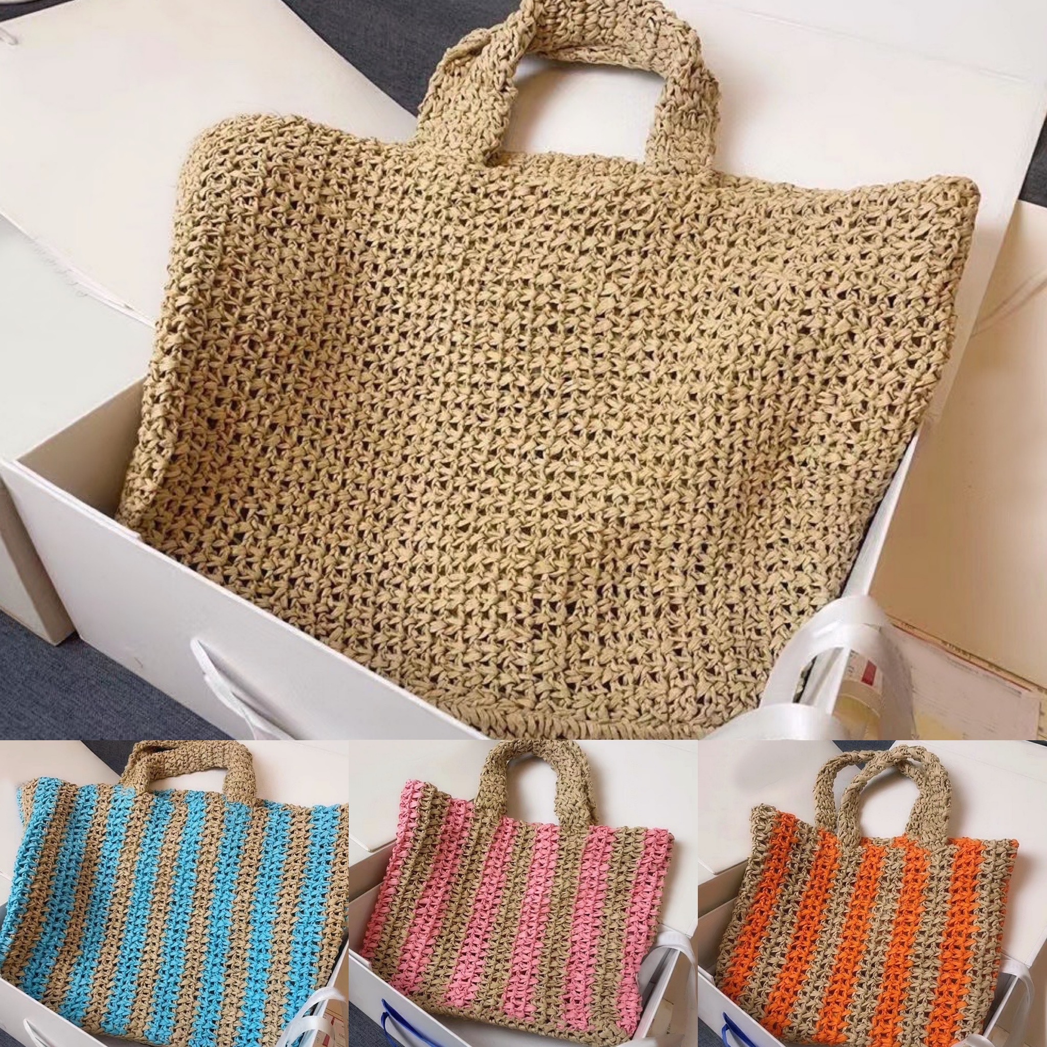 

Designer tote women handbags raffia fiber totes bag Summer solid color shopping bags Embroidered Logo Luxury casual bag petit sac women Grid Shaped Woman, Pink