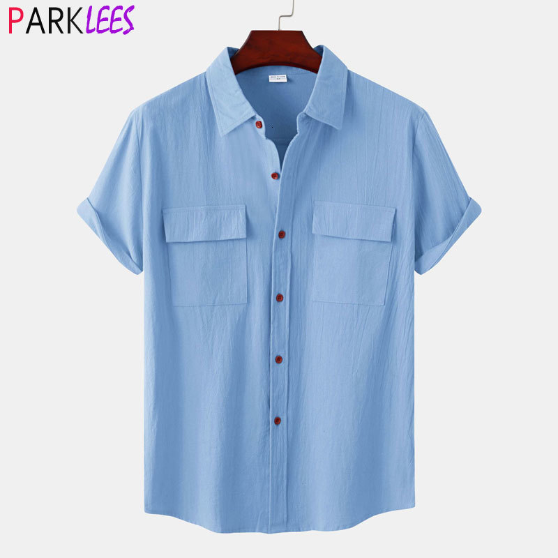 

Mens Casual Shirts Double Pocket Cotton Linen Shirt Men Summer Short Sleeve Casual Button Down Shirts Mens Beach Holiday Breathable Camisas 230316, Brown