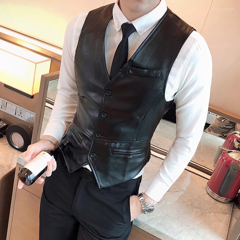 

Men's Vests 2023 Leather Vest Men Fashion Casual High Quality Solid Color Single Breasted Slim Large Size Business Waistcoat S-5XL, Brown