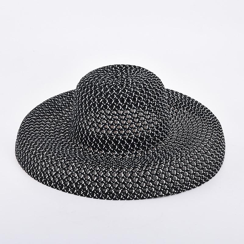 

Wide Brim Hats Summer Women Big Round Top Black Grey Sun Handmade Straw Luxury Elegant Solid Outdoor Beach