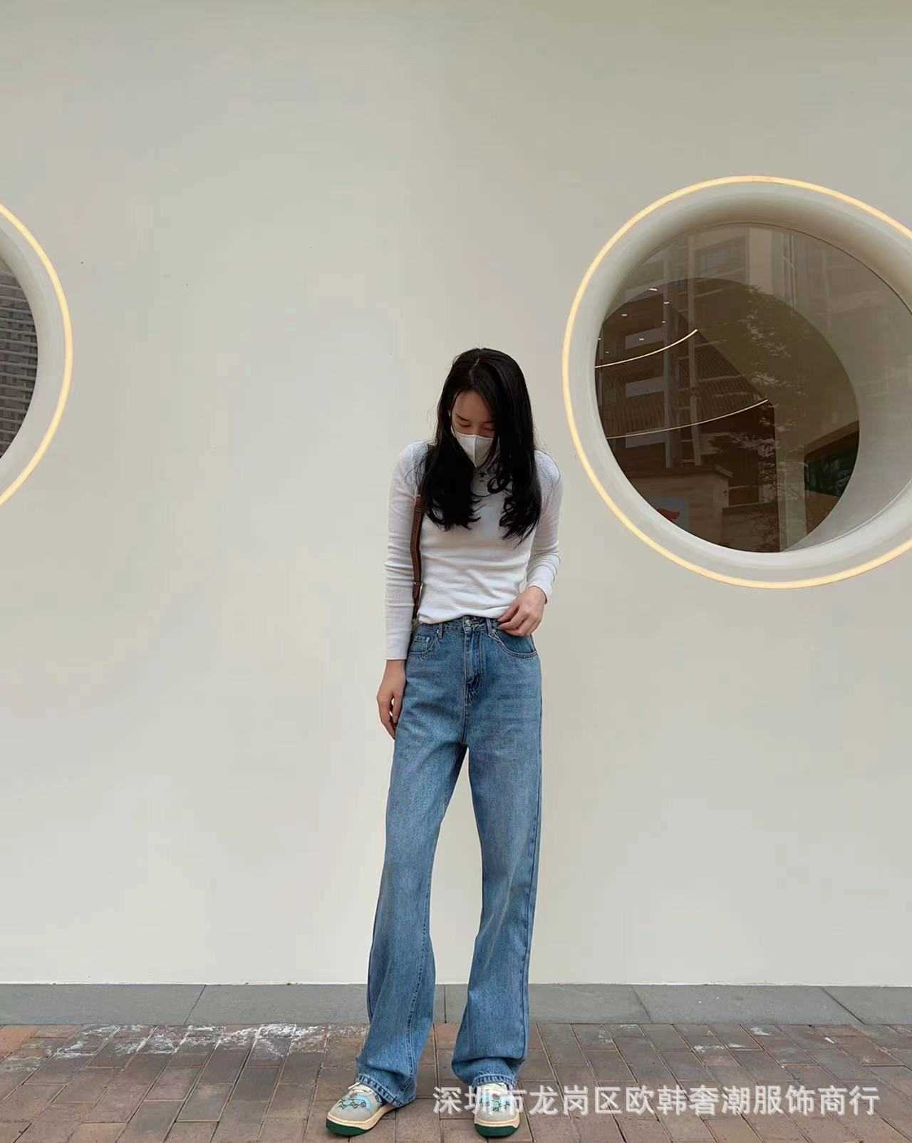 

Xiaoxiang' Back Bag Embroidered Denim Pants Women Xiang Grandma' New Style, Light blue