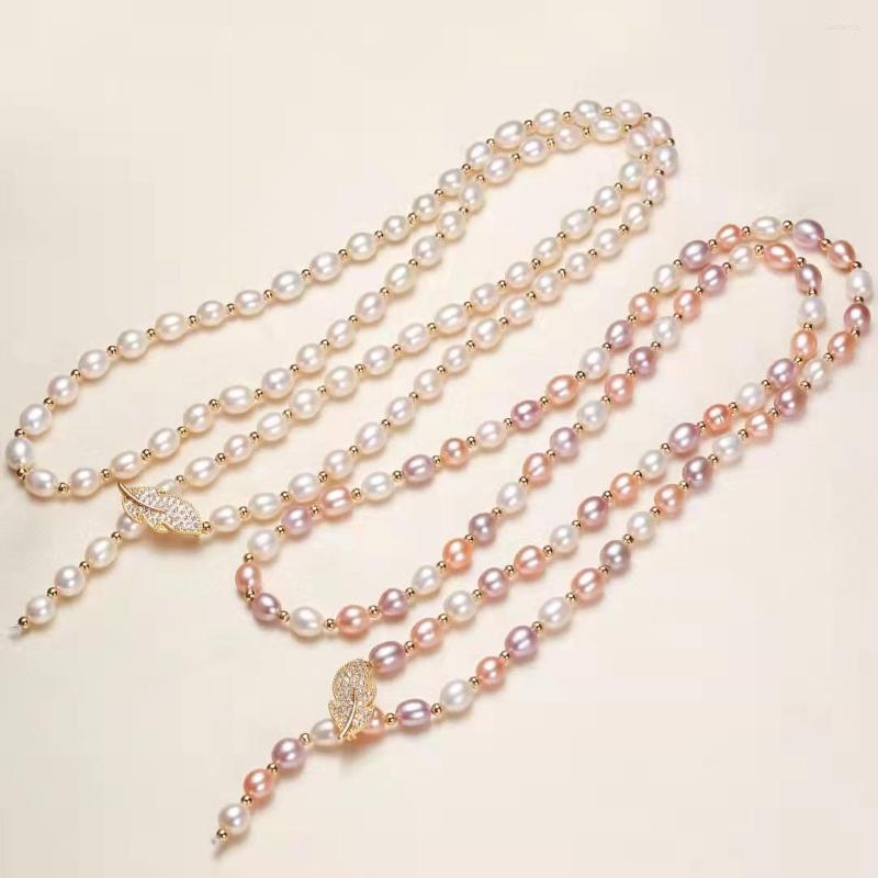 

Chains Hand Knotted 7-8mm White Color Rice Freshwater Pearl Micro Inlay Zircon Leaf Accessories Necklace Long 80cm