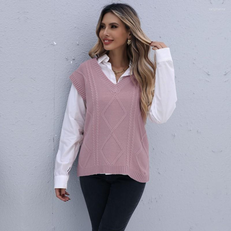 

Women's Vests Casual Pink Purple V-Neck Knit Vest For Women Autumn 2023 Knitted Pullover Twisted Sleeveless Waistcoat Jacket