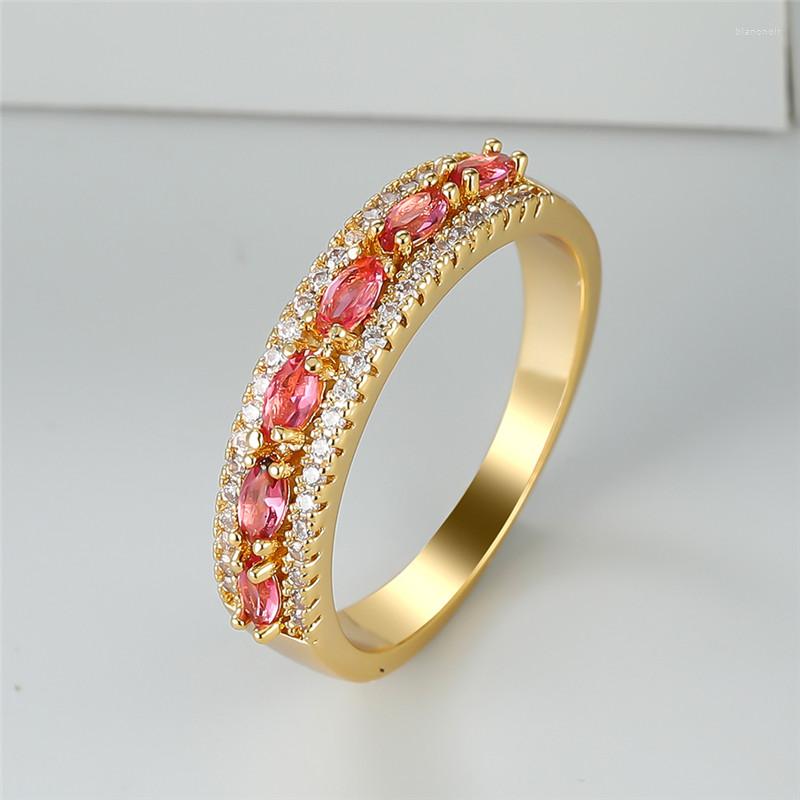 

Wedding Rings Luxury Crystal Stone Engagement Ring Rose Red Zircon Band Vintage Gold Color Bridal Jewelry For Women Boho Fashion