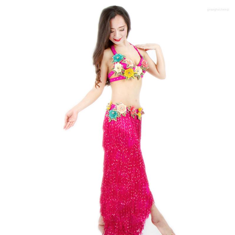 

Stage Wear 2023 Performance Dancewear Flower Outfit Egyptian Belly Dance Costume Set B/C Cup Bra And Skirt Fringe, White