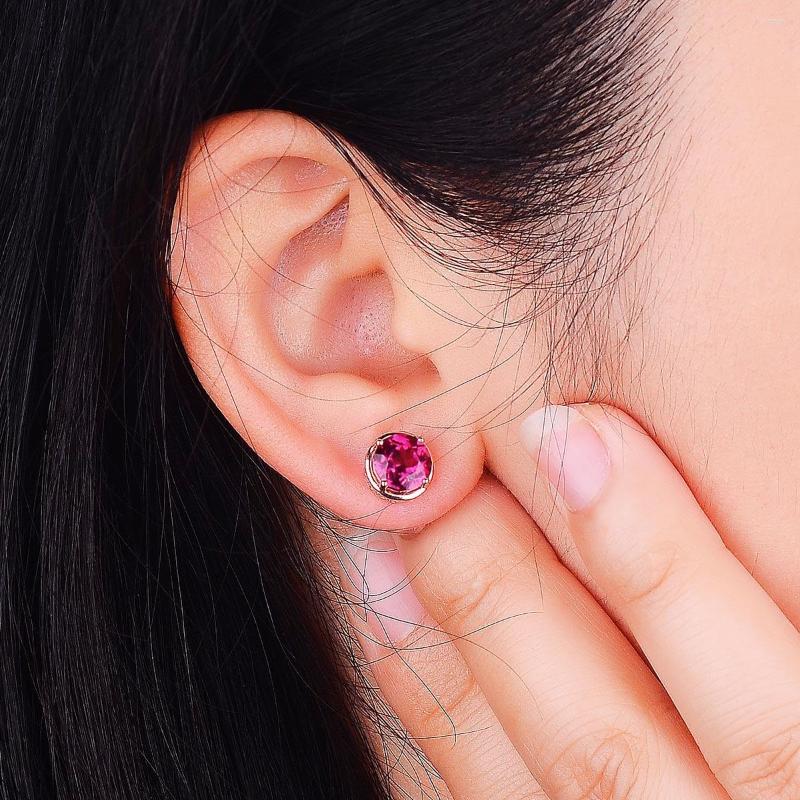 

Stud Earrings Style Simple Single Diamond Round Pigeon Blood Red Tourmaline Female Fashion Lace