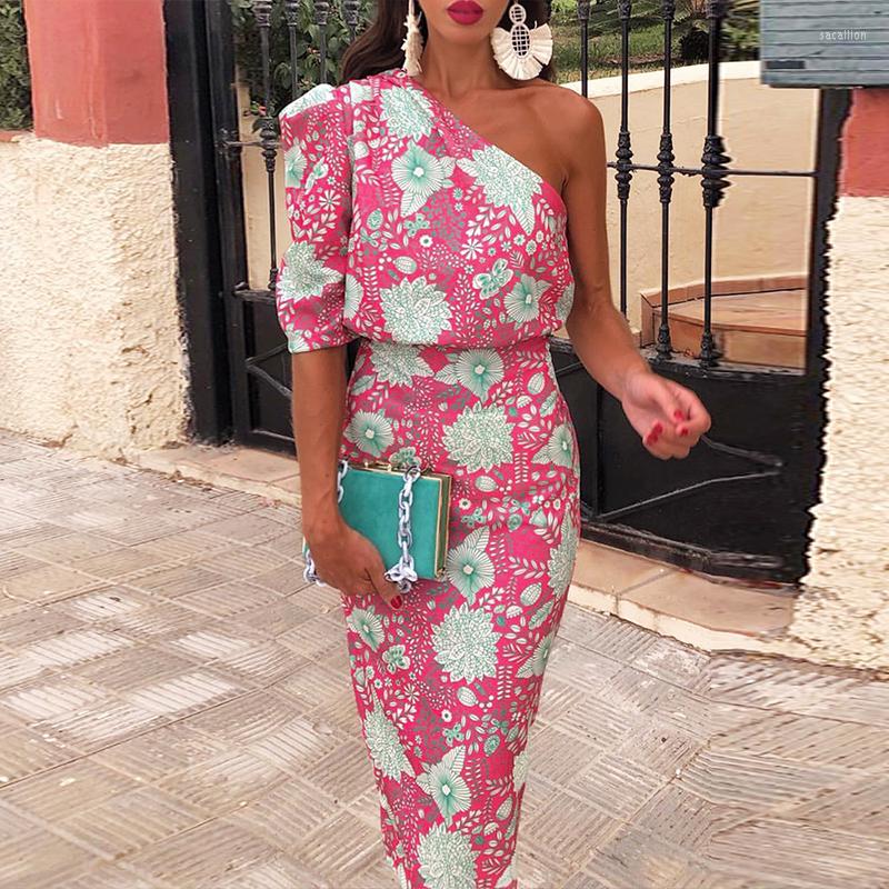 

Party Dresses 2023 Women Elegant Skew Neck One Shoulder Short Sleeve Dress Sexy Backless Slim Ladies Fashion Flower Print, 01 pink