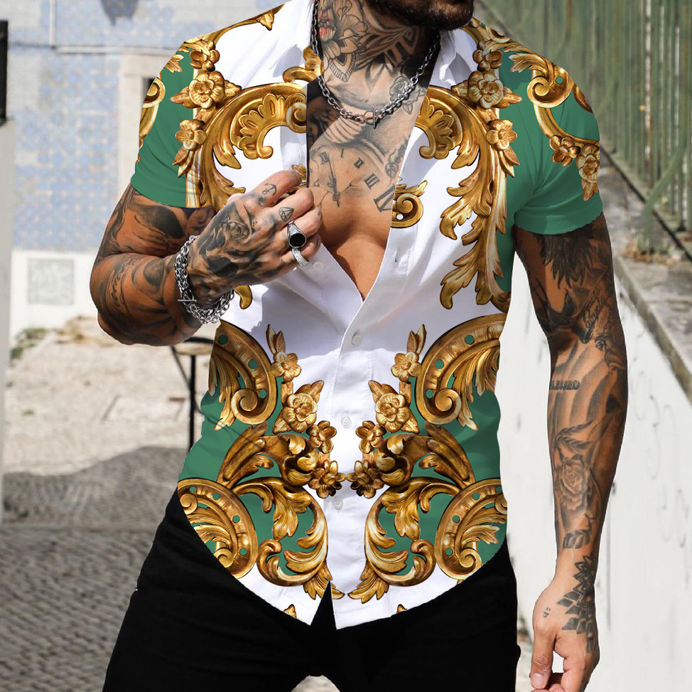

Mens Casual Shirts Mens Shirts Short Luxury Collar Shirts Lapel Prom High Quality Tops Male Clothing Slim Fit Tee 5xl Baroque Print Loose TShirts 230316, Clcl-220725-414