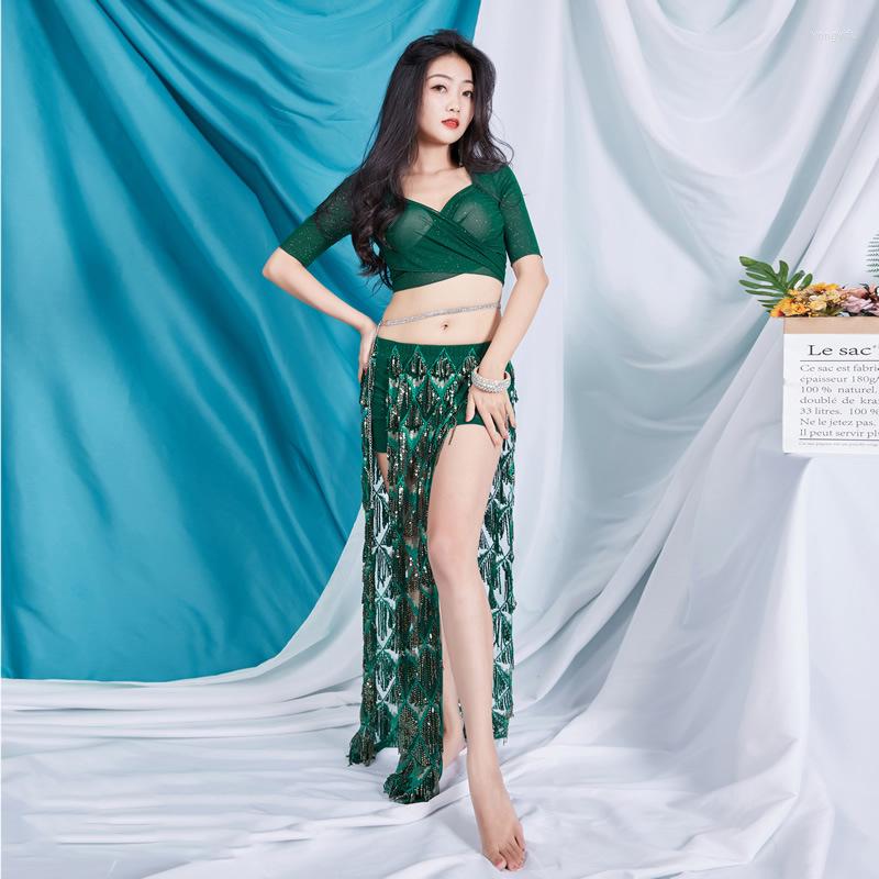 

Stage Wear Patchwork Women Belly Dance Costume Sequins Outfit With Under-pants Fringes Long Skirts Girls Class Top, Beige top