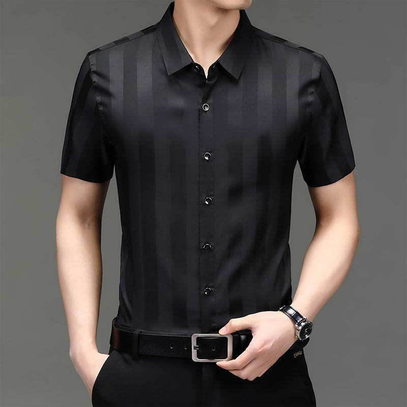 

Men's Casual Shirts Original Striped Men Silk Cotton Summer Short Sleeve Shirt Male Slim Fit Chemise Homme Clothing C760, Black