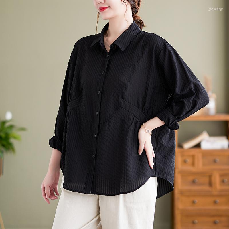 

Women's Blouses 2023 Arrival Autumn Women Turn-down Collar Long Sleeve Blouse Single Breasted Patchwork Striped Cotton Casual Shirts V905, Black