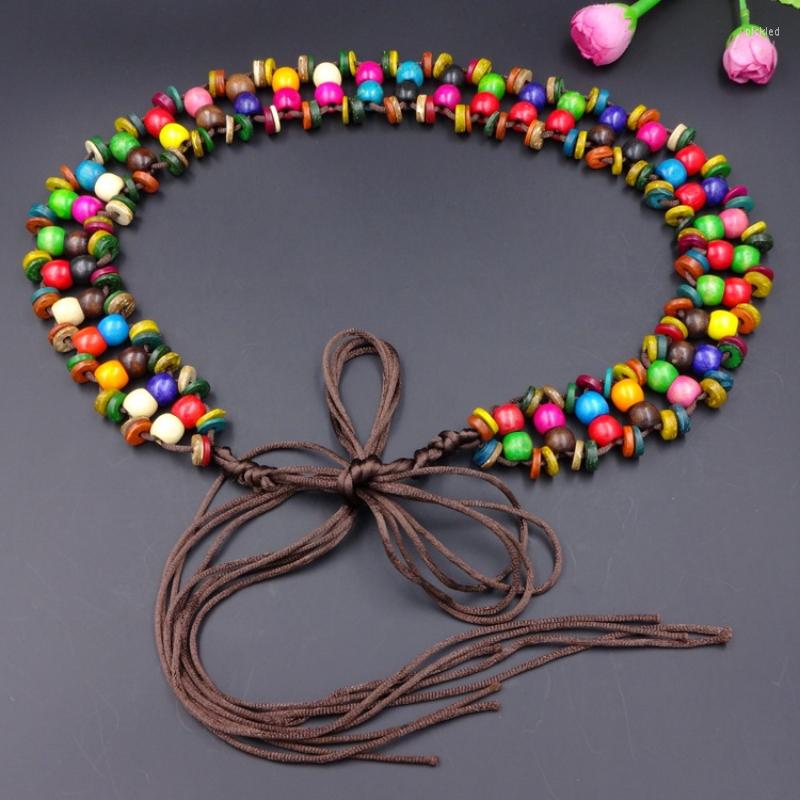 

Belts Bohemian Style Wax Rope Full Handmade Wooden Bead Woven Women's Belt Vintage Tassel Waist Chain National, Black