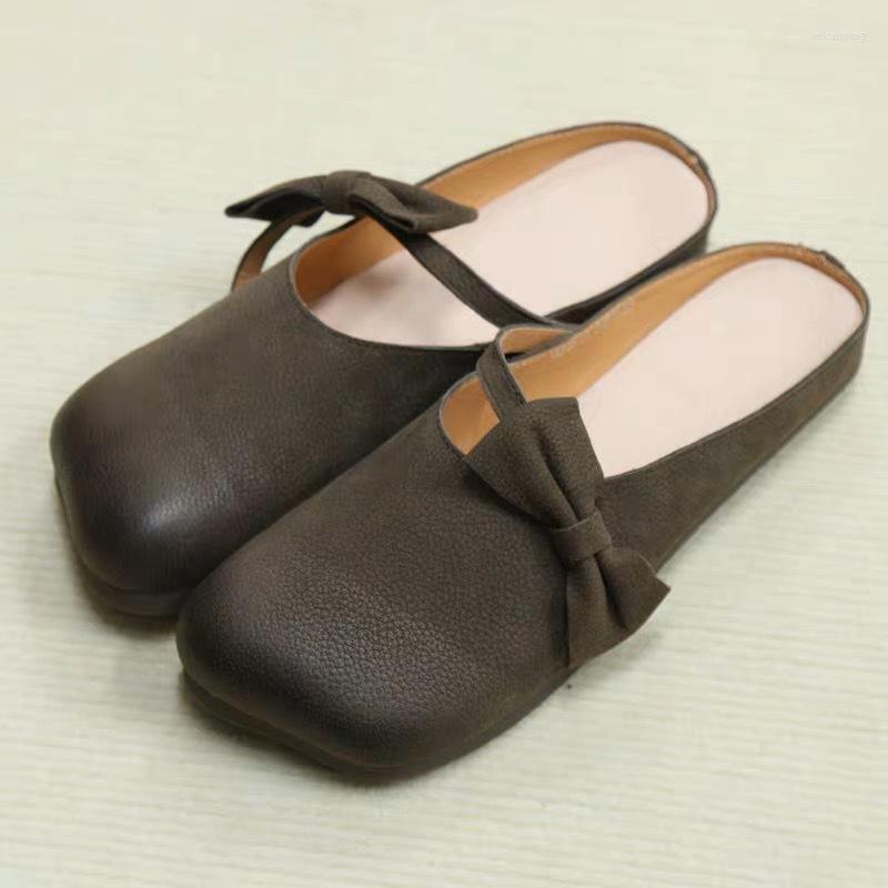 

Slippers Mules Shoes Women Genuine Leather Flat Soft Square Summer Ladies Casual 2023 Handmade, Beige