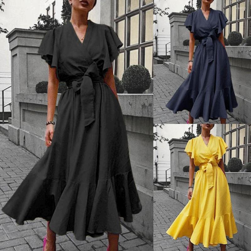 

Party Dresses Summer Fashion Elegant Vintage Ruffle Short Sleeve Maxi Dress High Waist Women Large Hem V-neck Lacing Sundress 3XL, Dark blue