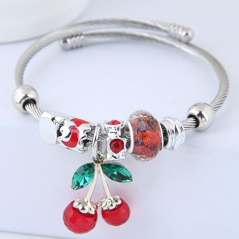 

Bangle Korean Version Of Stainless Steel Open Cherry Bracelet Female Crystal Beads Beaded Fashion DIY Bracelets For Women