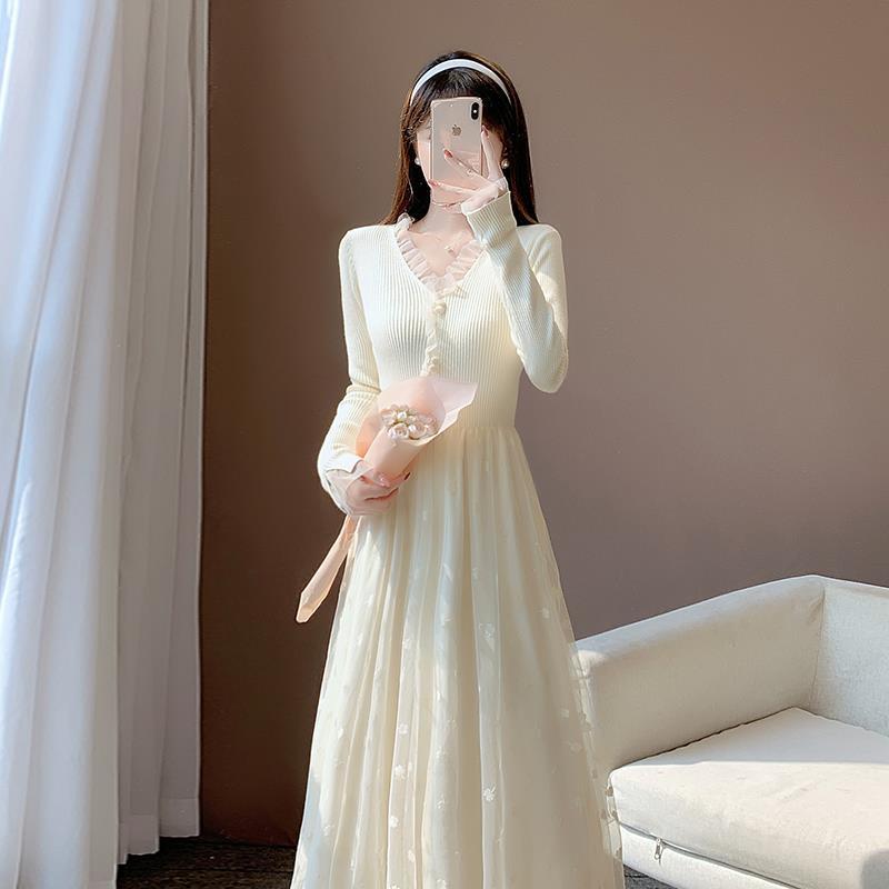 

Casual Dresses Autumn Winter Women French V-neck Knit Gauze Dress Female Long Sleeve A-line Vestidos Ladies Solid Sweater Q264Casual, Mixin