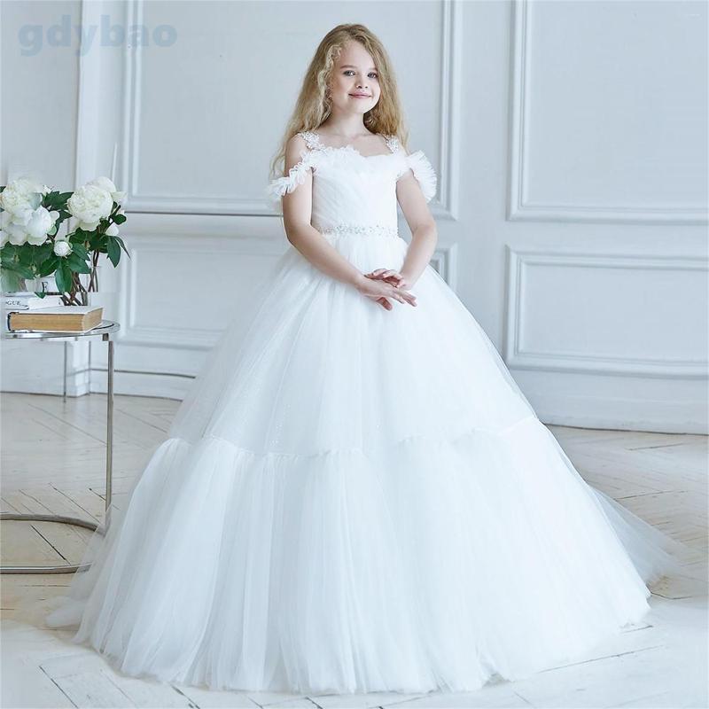 

Girl Dresses Flower Girls For Wedding Fashion Ruffles Beaded Crystal Sash Pageant Gowns Floor Length Kids Princess Birthday, White