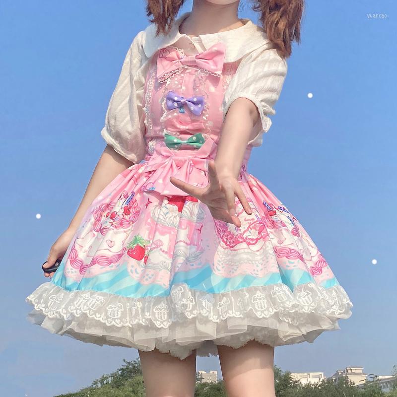 

Casual Dresses Kawaii Soft Girly Japanese Sweet Lolita Style Dress Vintage Square Collar Cartoon Cake Lace Bow Sleeveless JSK Princess, One piece headwear