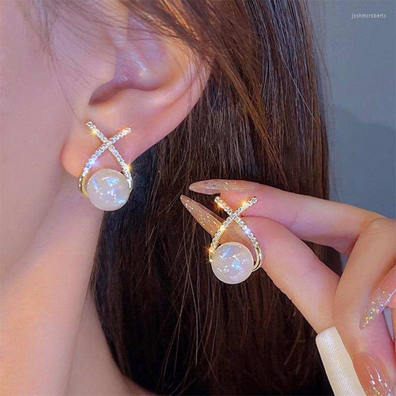

Dangle Earrings Charming Pearl Cross For Women's Engagement Wedding Gold Pendientes Femeninos