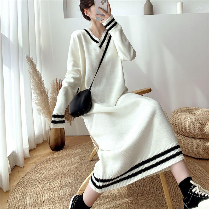 

Casual Dresses Underlay Wool Dress Thickened Medium Length 2023 Autumn And Winter Women' Loose Lazy Style Knee V-neck Knitted, Black