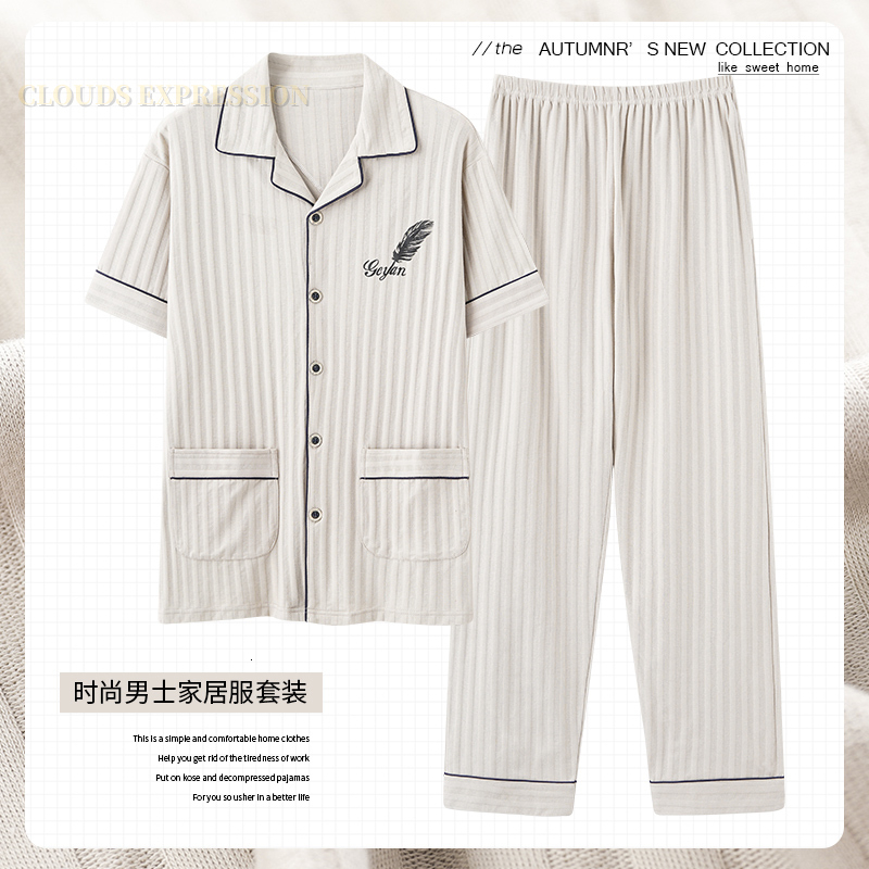 

Men's Sleepwear L-5XL Summer Elegant Pyjamas Knited Cotton Men's Pajamas Sets Long Pants Sleepwear Pyjamas Night Pijamas Plus Size Homewear PJ 230317, M2