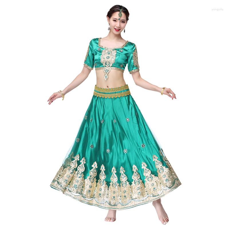

Stage Wear Halloween Dancewear Women Belly Dance Outfits Organza Embroidered Coins Bollywood Costume 3pcs Set (Top Belt Skirt), Royal blue