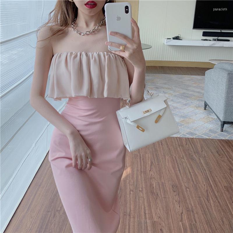 

Casual Dresses Elegant Pink Ruffle Pack Hip Low Cut Wrap Strapless Summer Slim Long Chiffon Dress Vintage Woman, Black