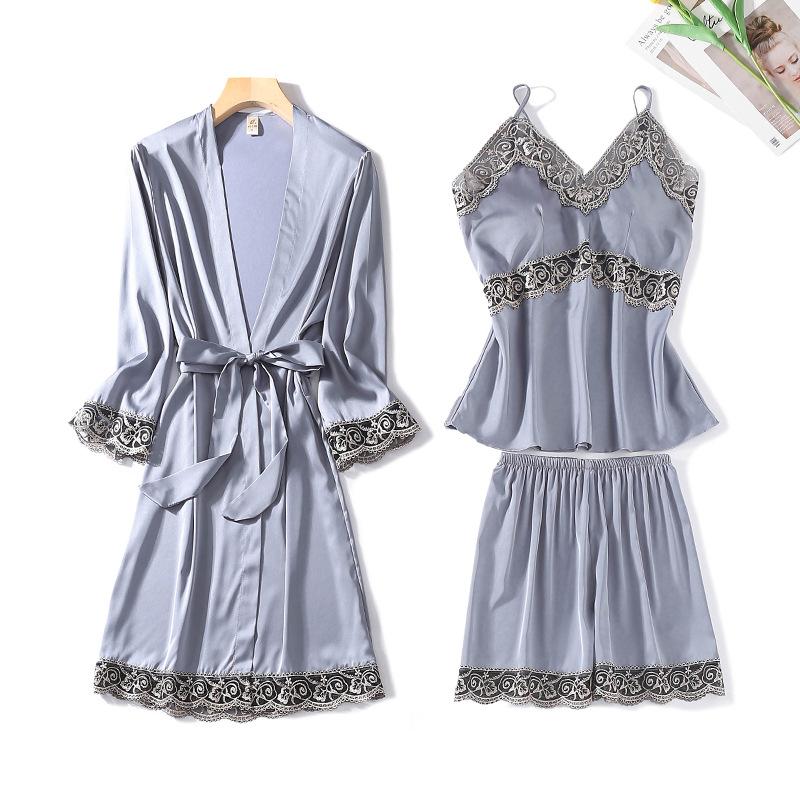 

Women's Sleepwear 3 Piece Spring Summer Women Pajamas Sets Lace Decor Elegant Robe Top And Shorts Gown Set Female Night Suit
